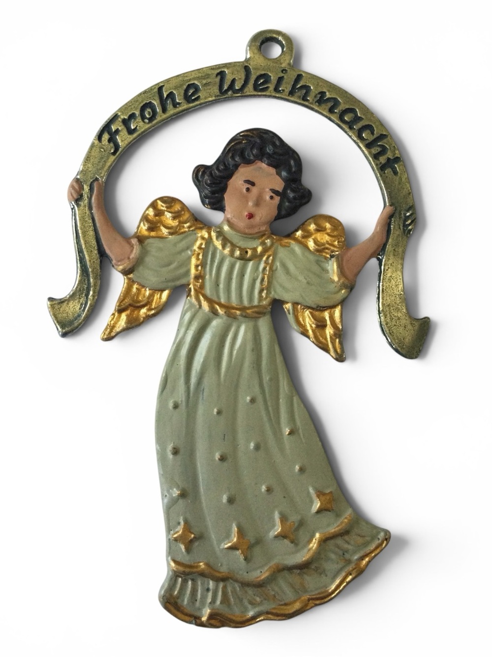 Vtg KUEHN ZINN German Hand-Painted Pewter Angel Ornament - "Frohe Weihnach" - Picture 5 of 9